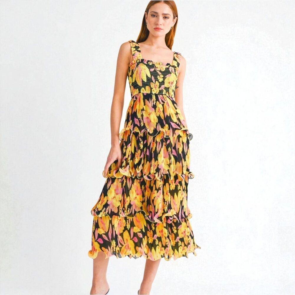 Reset By Jane Yolanda Yellow Floral Midi Dress Size M Tiered Flounce Womens